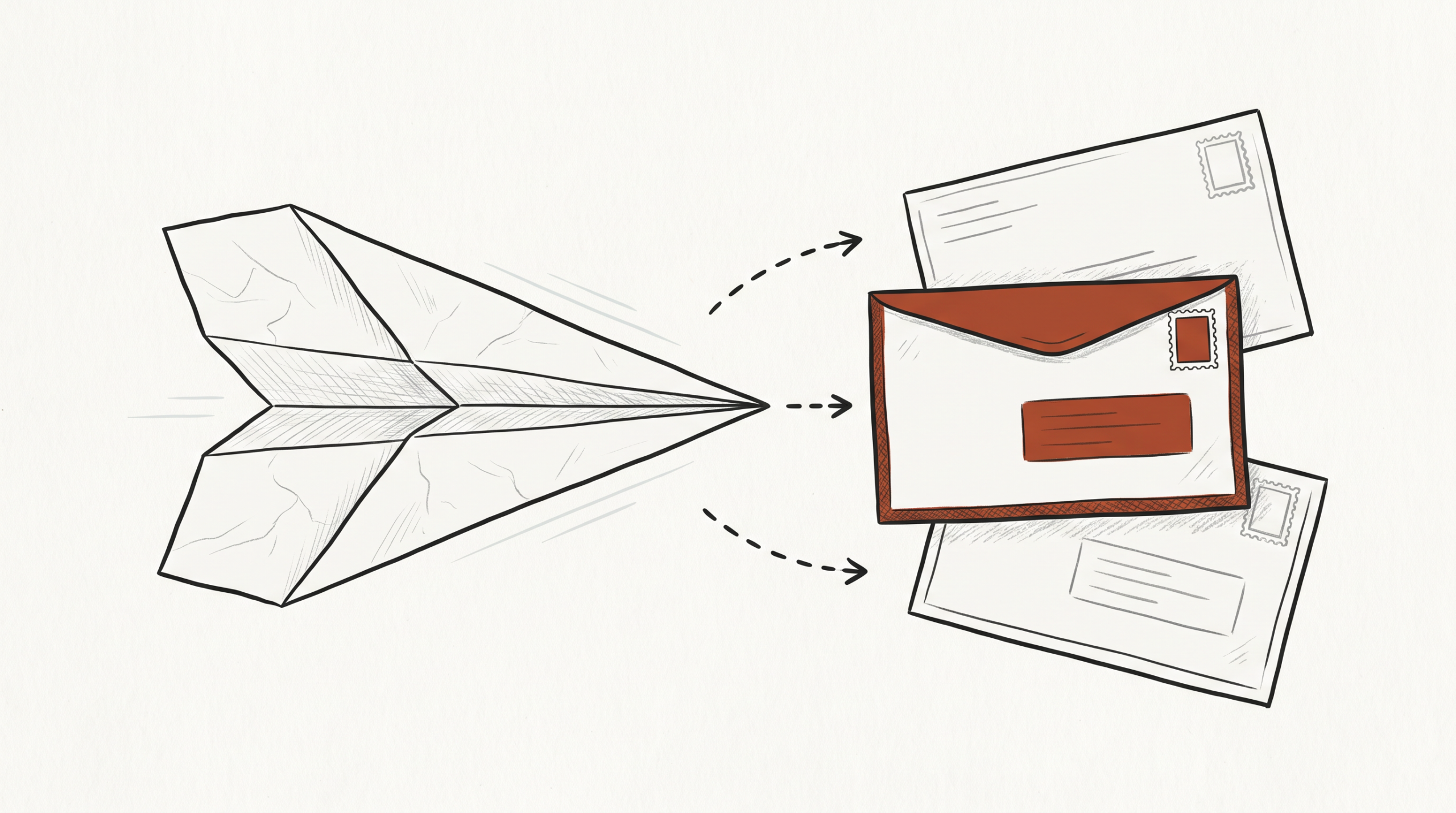 Hand-drawn illustration of cold email outreach in Exhibitant brand colors